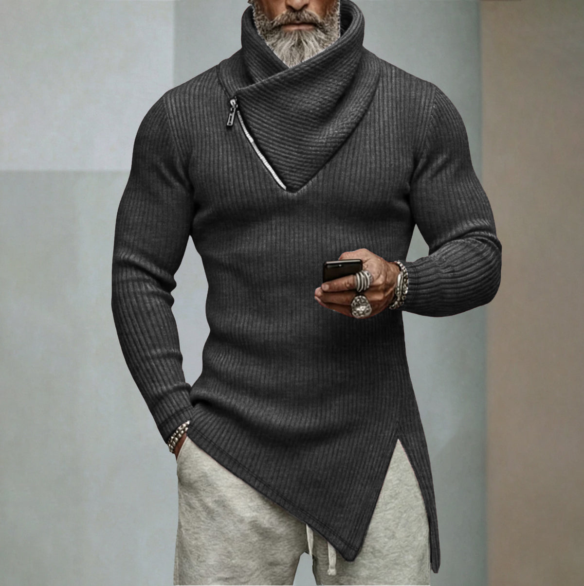 Men's Solid Knit Long-Sleeve Split-Hem Sweater