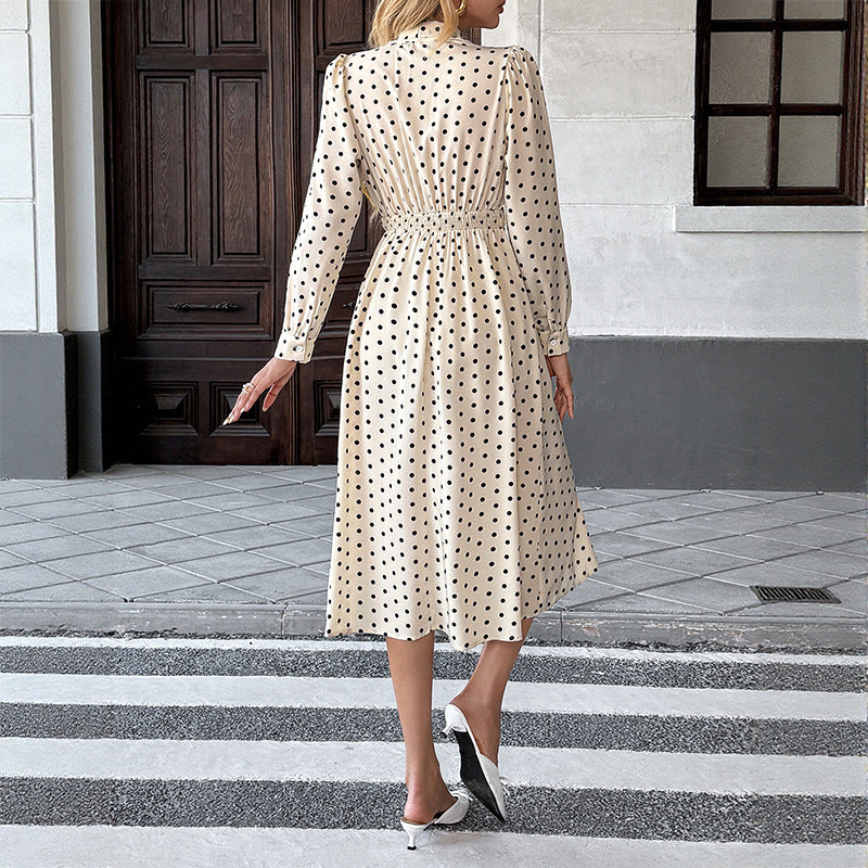 Women's Retro Polka-Dot Bow-Tie Long-Sleeve Dress