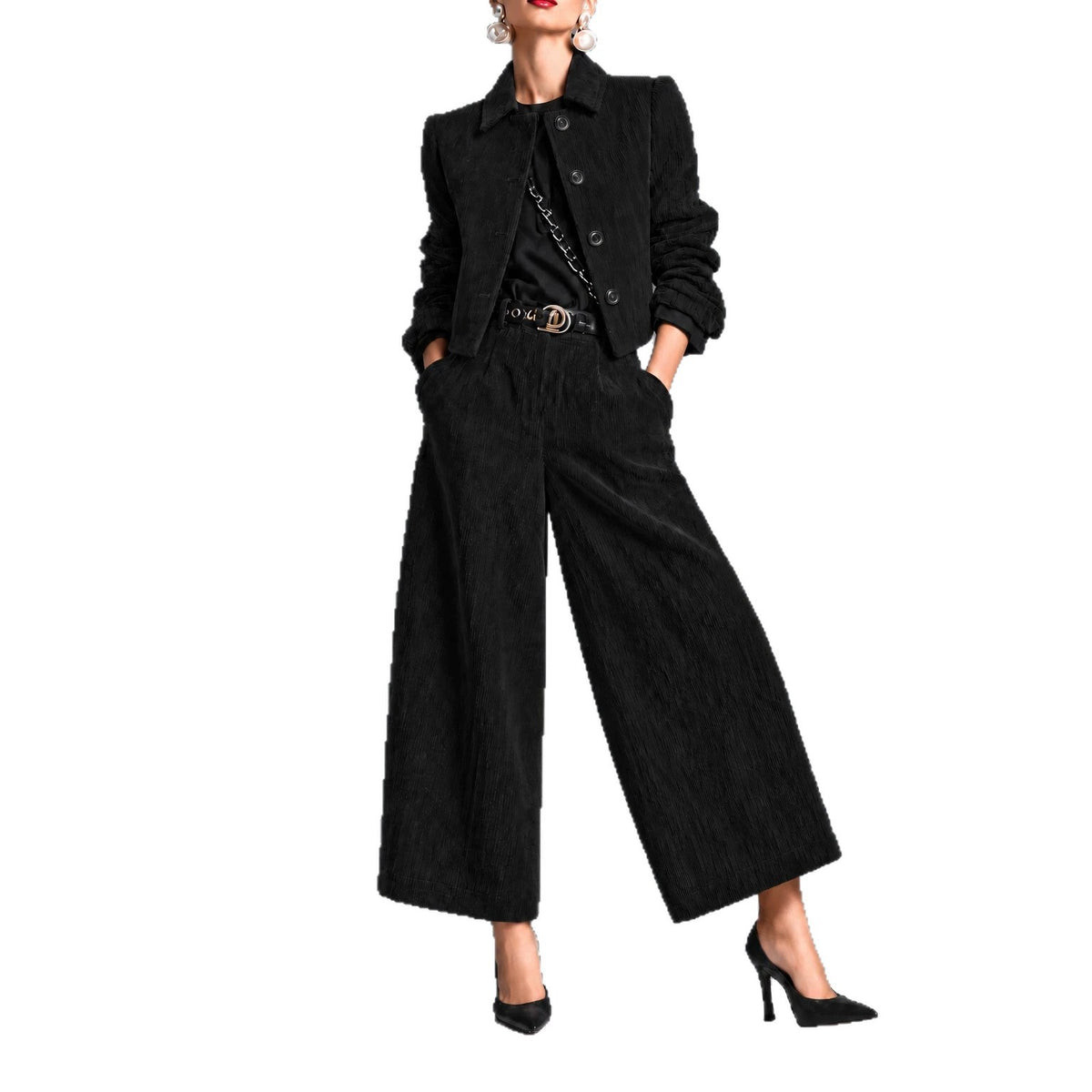 Women's Corduroy Cropped Jacket & Wide-Leg Pants Set