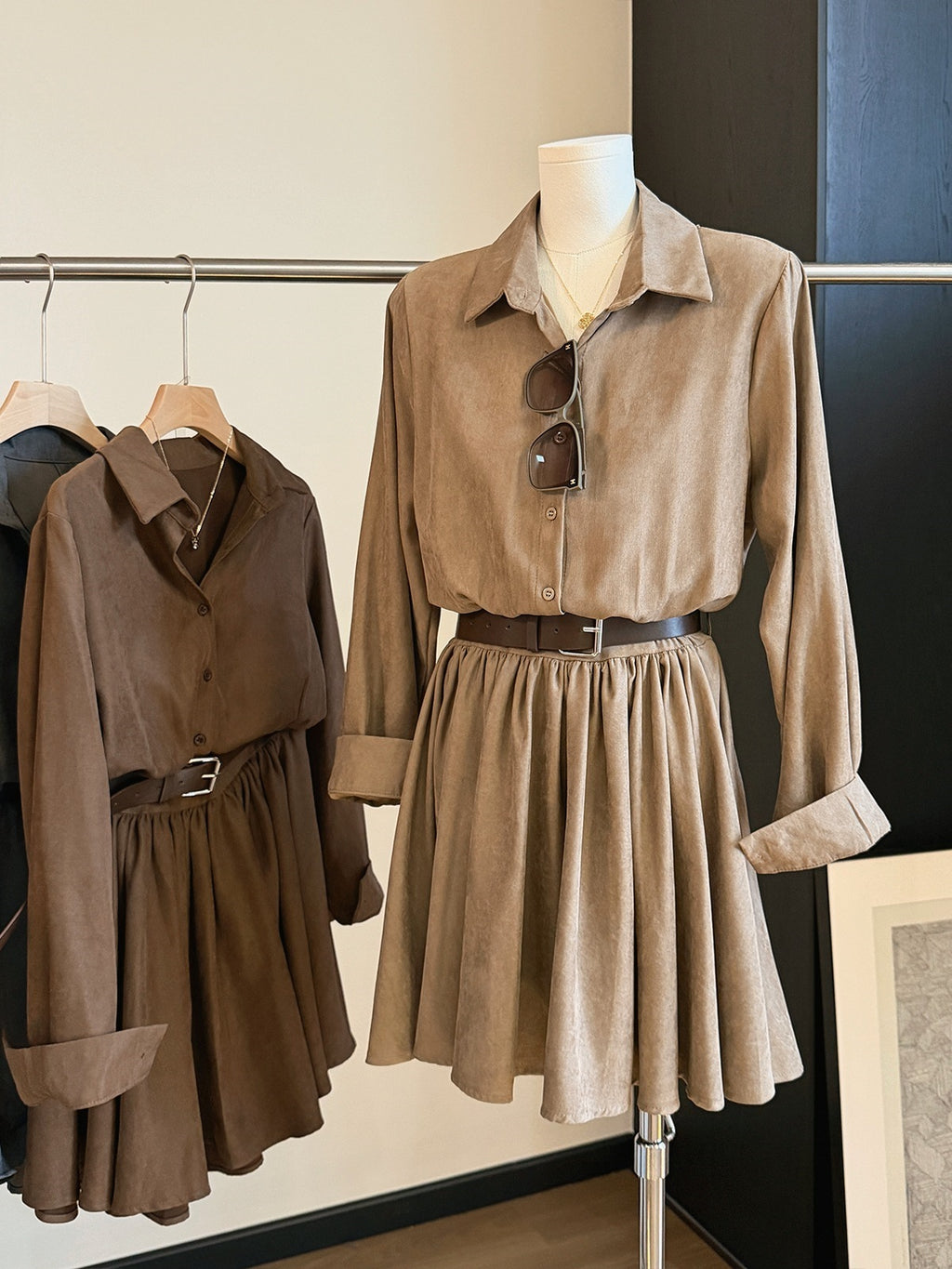 Women's Retro Suede Long-Sleeve Shirt Dress