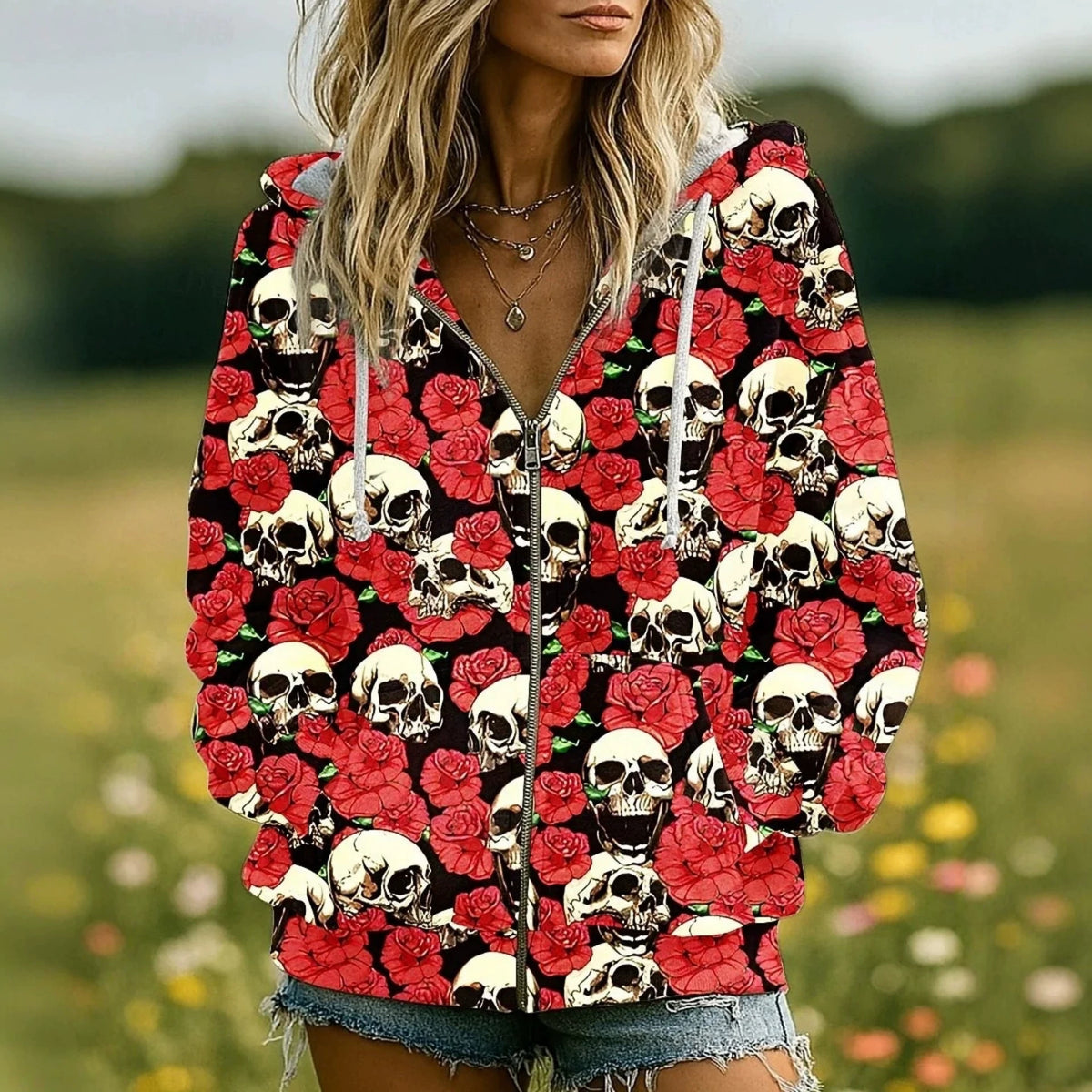 Women's Skull Print Hooded Zip-Up Cardigan Jacket