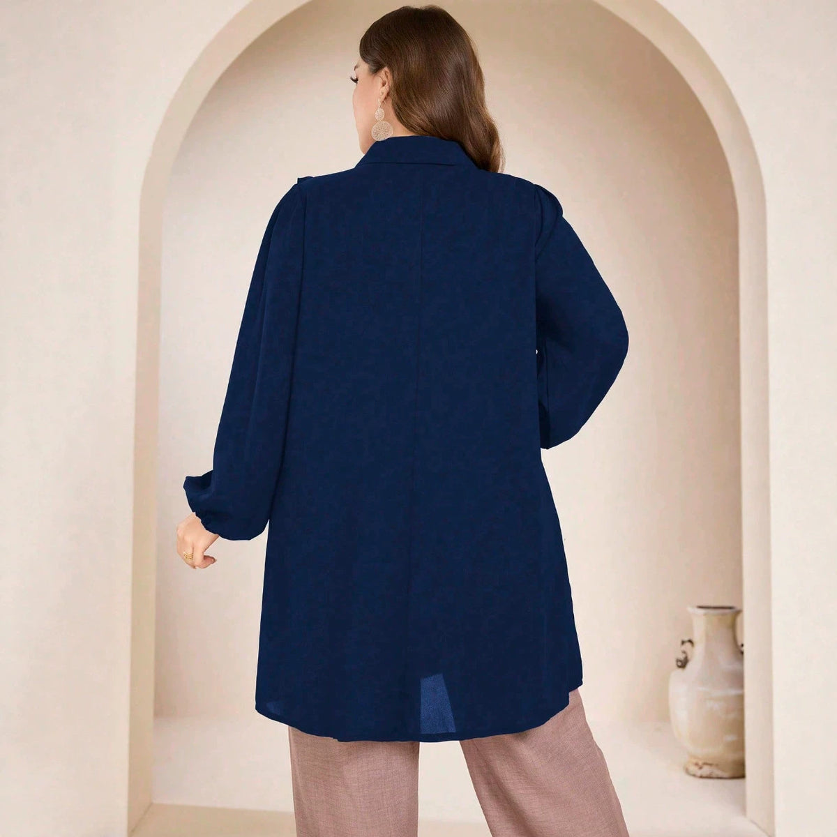 Women's Plus-Size Lace-Trim Lantern Sleeve Shirt