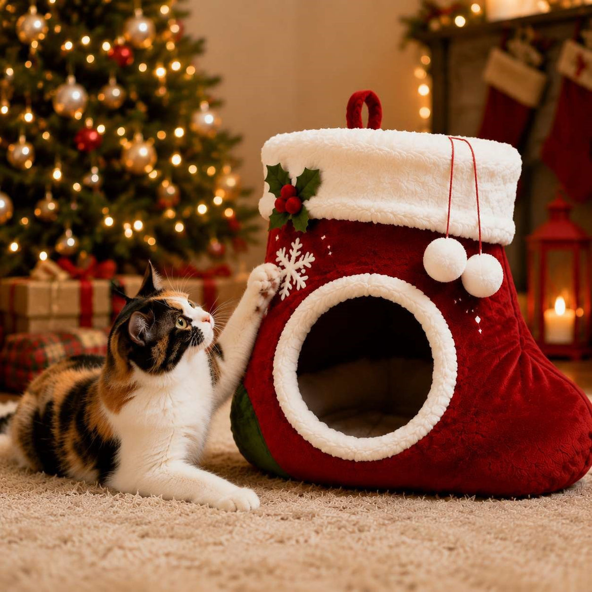 Christmas Stocking Hanging Plush Cat Cave Bed