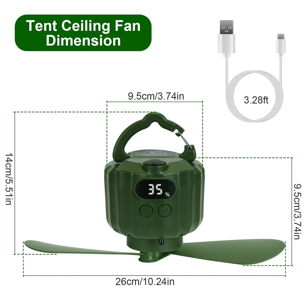 3-in-1 Rechargeable Camping Fan with LED Lantern & Power Bank