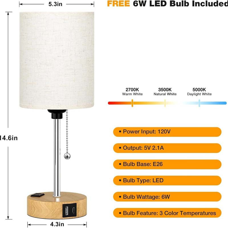 Wood-Grain Fabric Desk Lamp with USB Charging