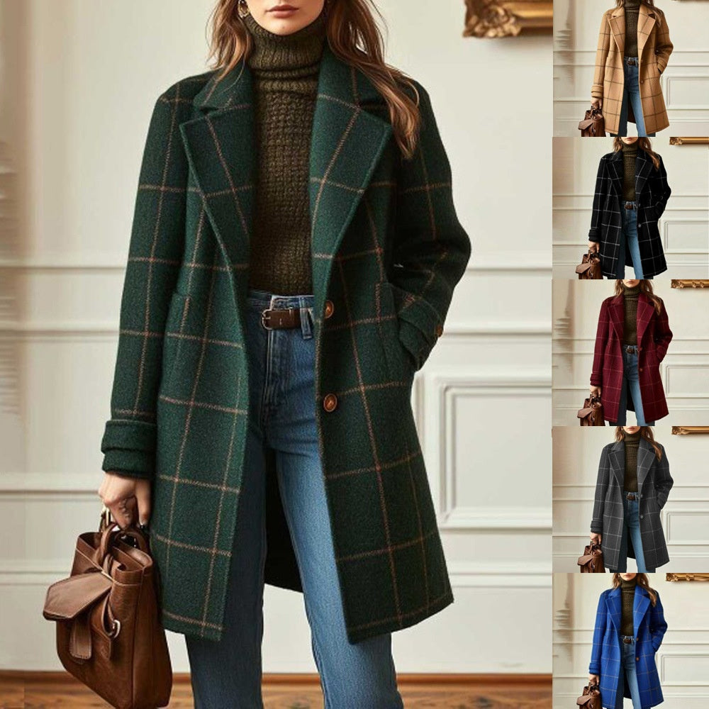 Women's Elegant Midi Plaid Lapel Coat