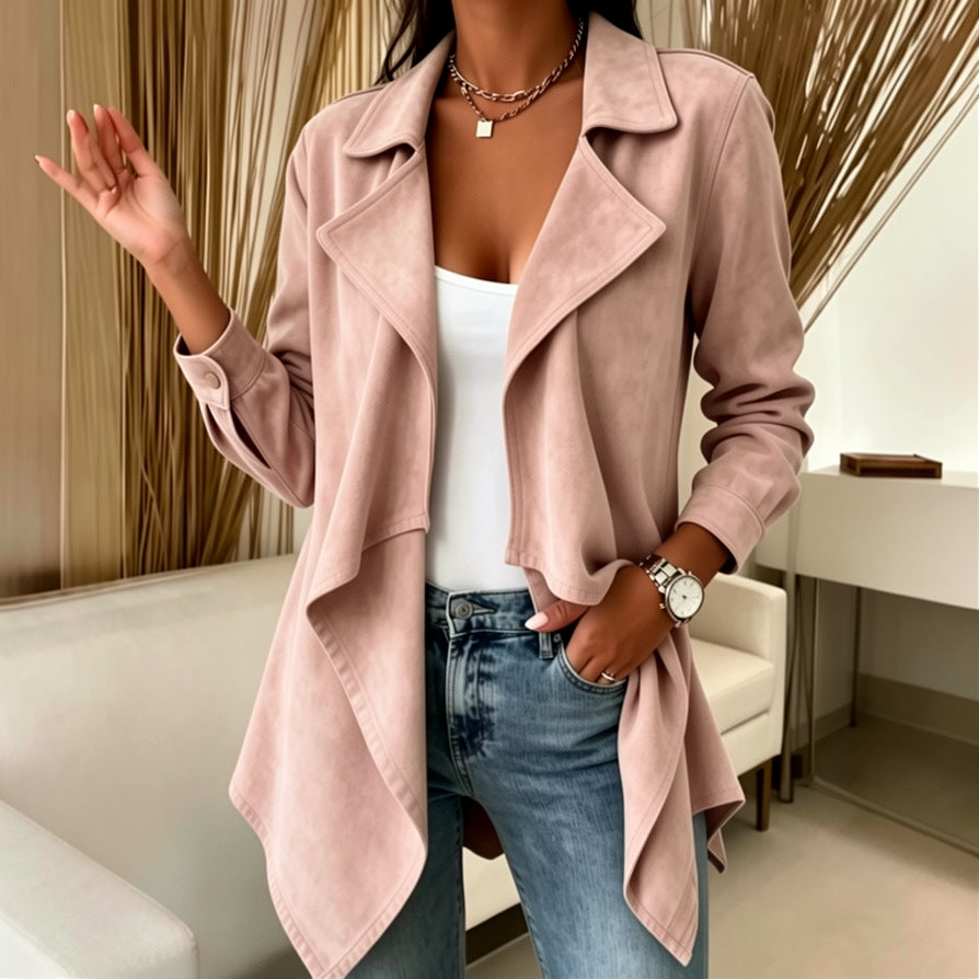 Women's Faux Suede Mid-Length Cardigan Jacket