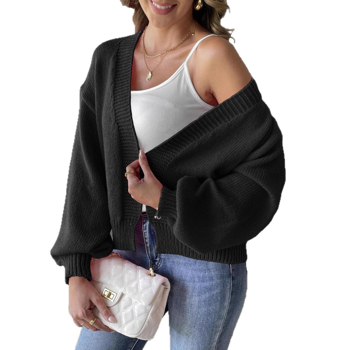 Women's Lantern-Sleeve Cropped Knit Cardigan
