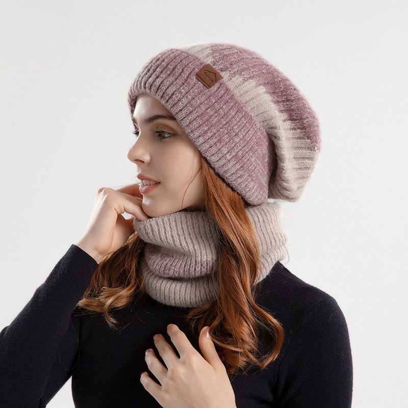 2pcs Knitted Hat Suit With Scarf Winter Two-color And Thick