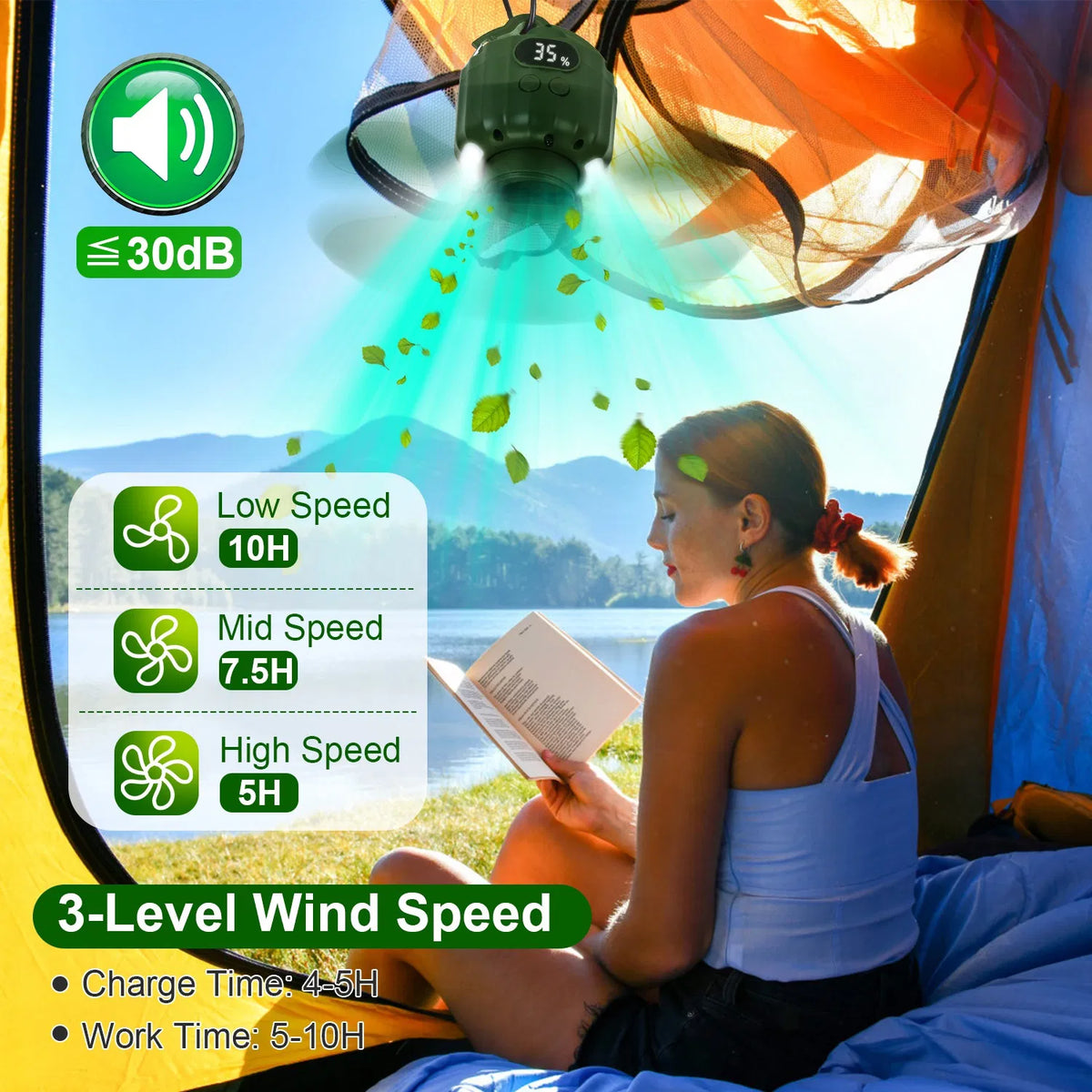3-in-1 Rechargeable Camping Fan with LED Lantern & Power Bank