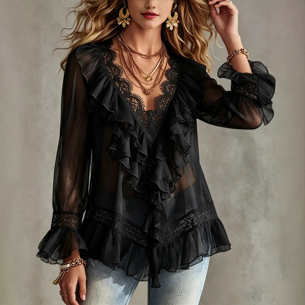 Women's Bohemian Lace V-Neck Long-Sleeve Top