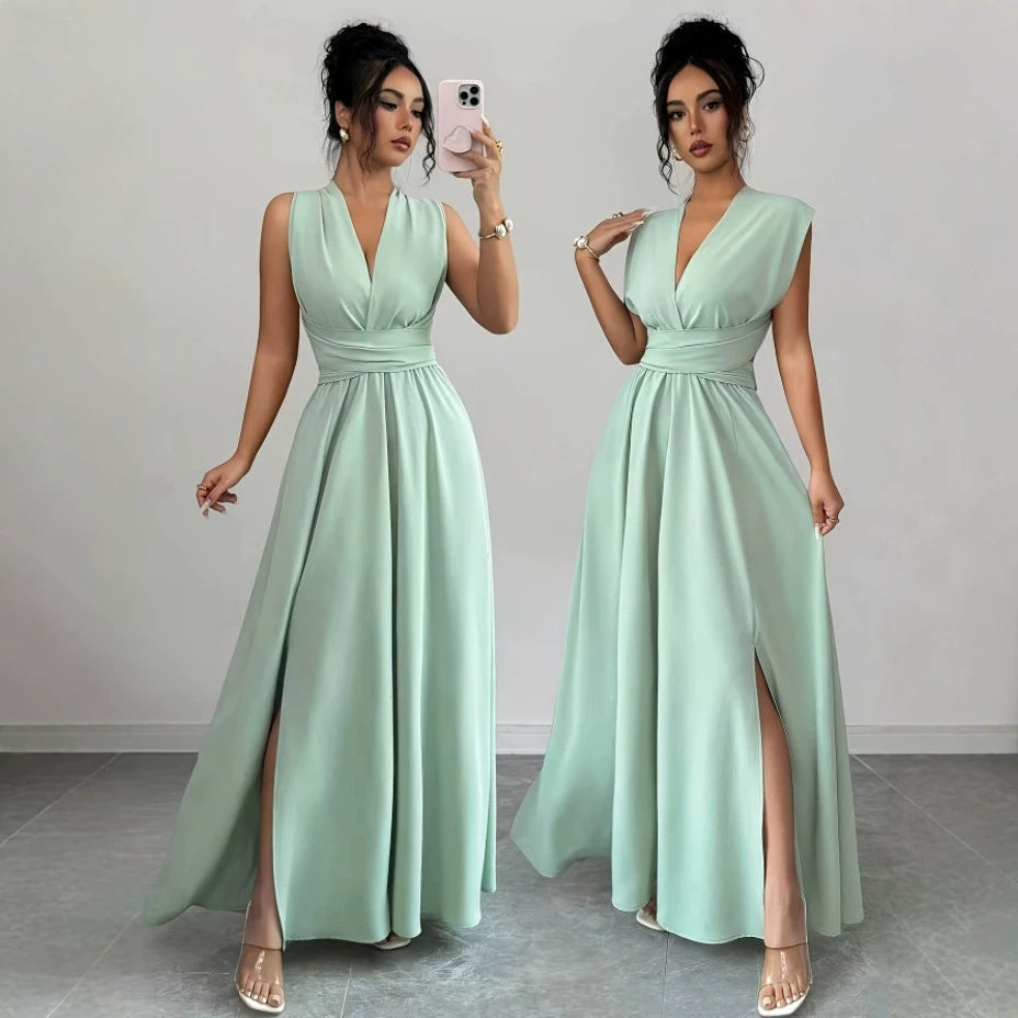 Elegant Emerald V-Neck Bow Maxi Dress for Women