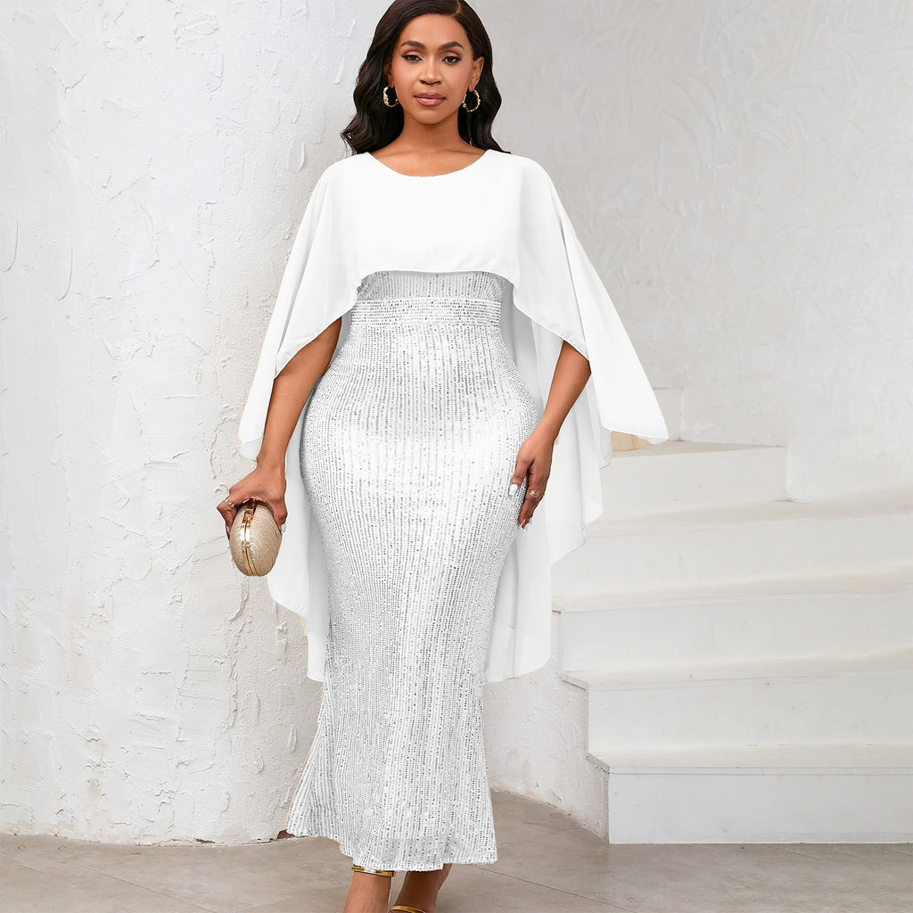 Sequined Bodycon Maxi Dress with Chiffon Cape