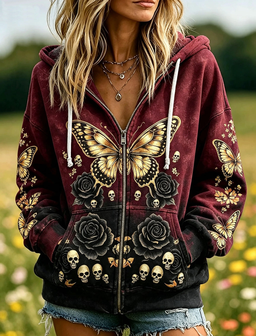 Women's Skull Print Hooded Zip-Up Cardigan Jacket
