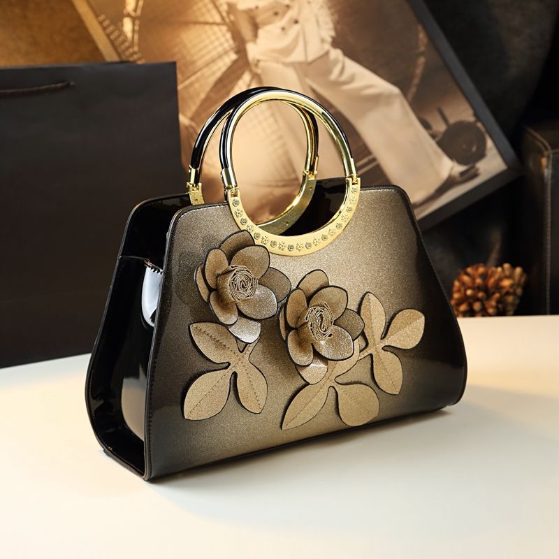Women's Patent Leather Flower Tote Handbag