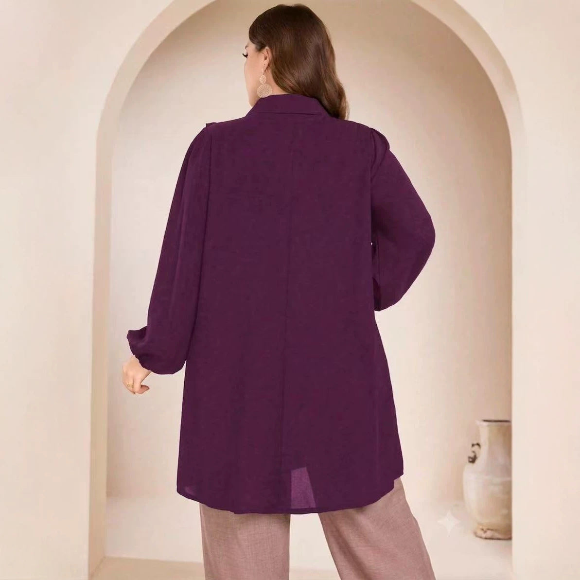 Women's Plus-Size Lace-Trim Lantern Sleeve Shirt