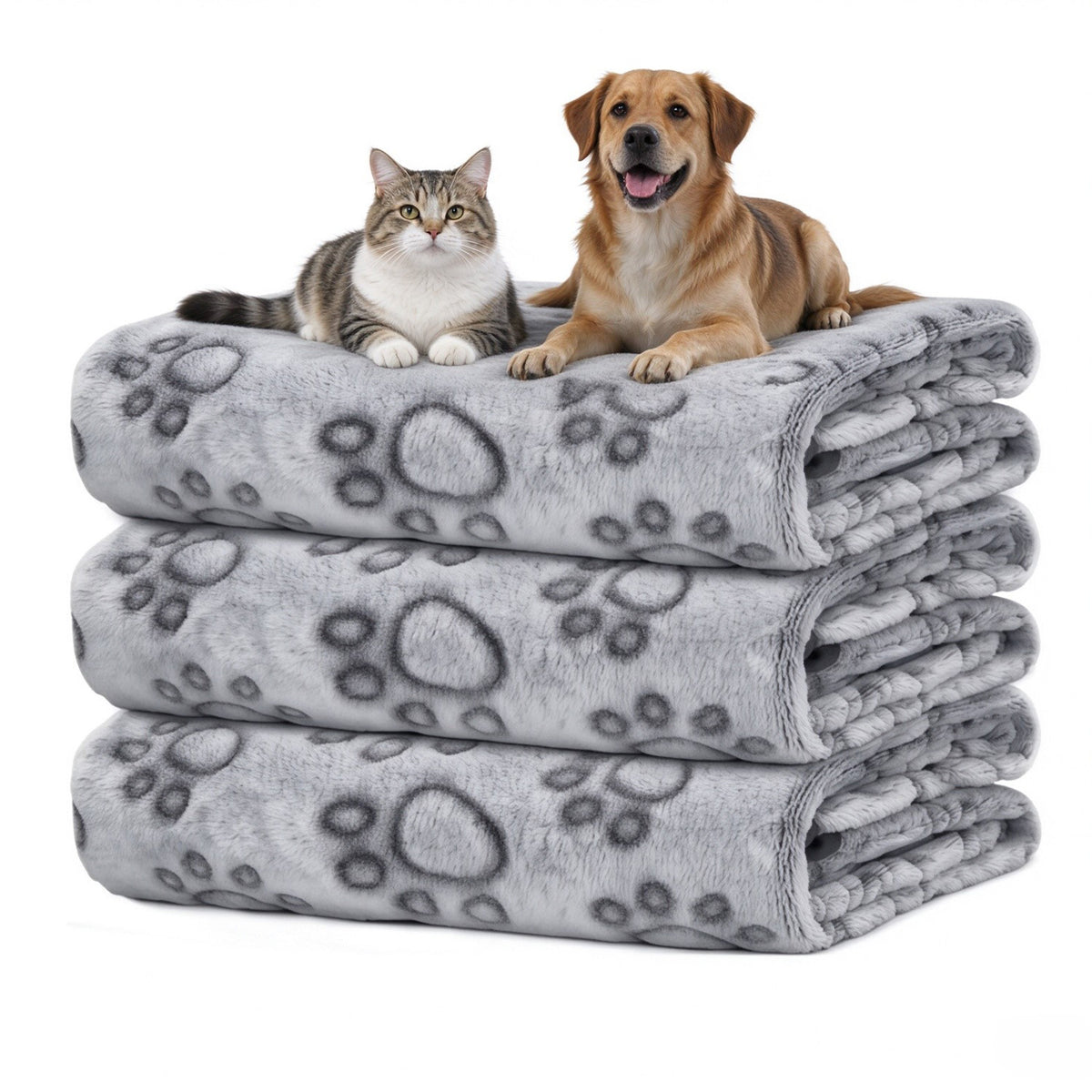 Soft Fleece Paw Print Pet Blanket 3-Pack - Washable Dog & Cat