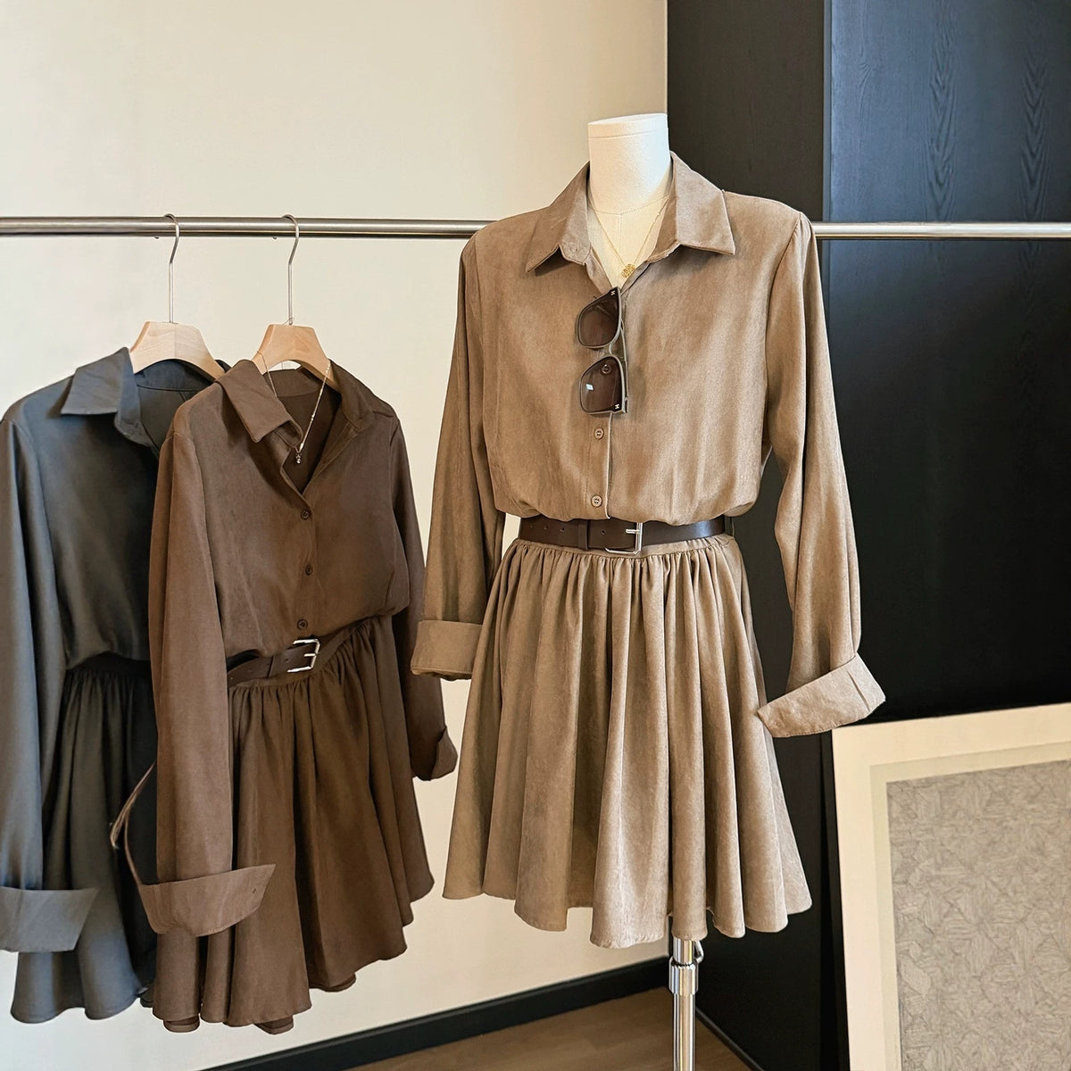 Women's Retro Suede Long-Sleeve Shirt Dress