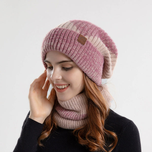 2pcs Knitted Hat Suit With Scarf Winter Two-color And Thick