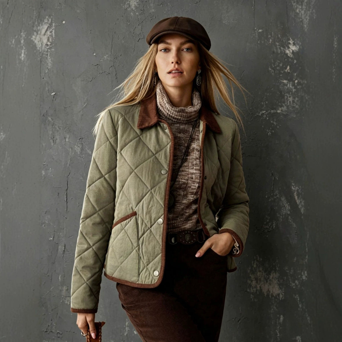 Women's Quilted Jacket with Corduroy Collar