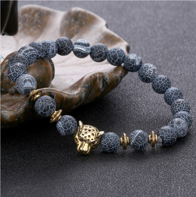 Agate Alloy Leopard Head Beaded Bracelet