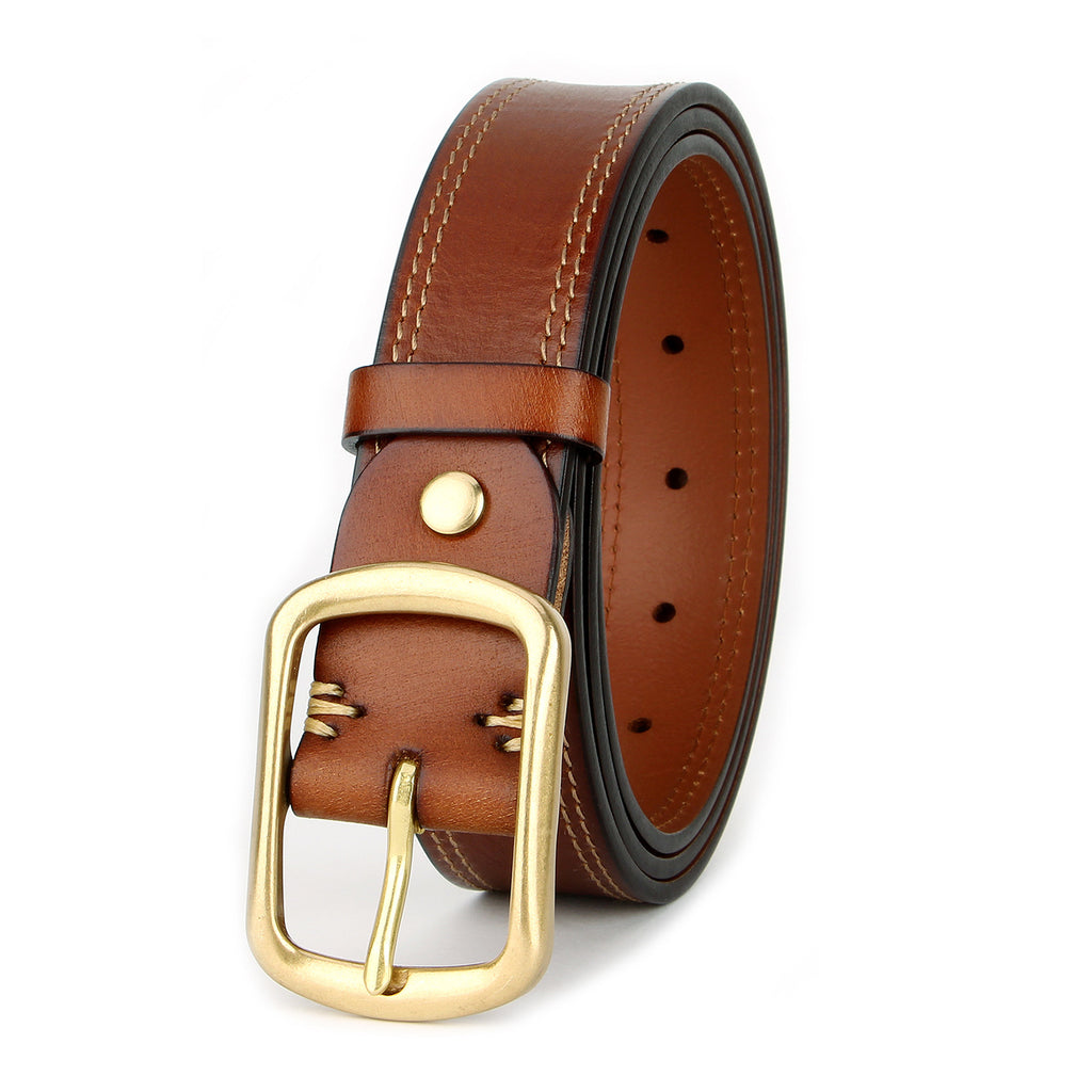 Vintage Full-Grain Cowhide Leather Belt with Brass Buckle