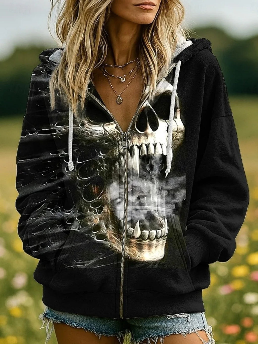 Women's Skull Print Hooded Zip-Up Cardigan Jacket