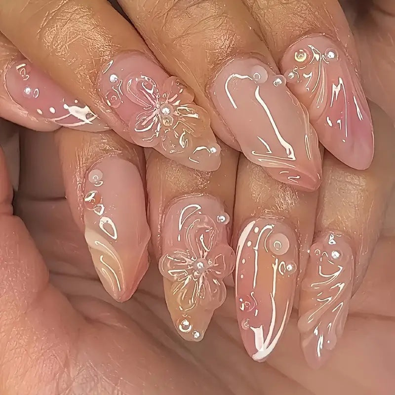 Almond Nail Pure Flower Wear Removable Fake Nails