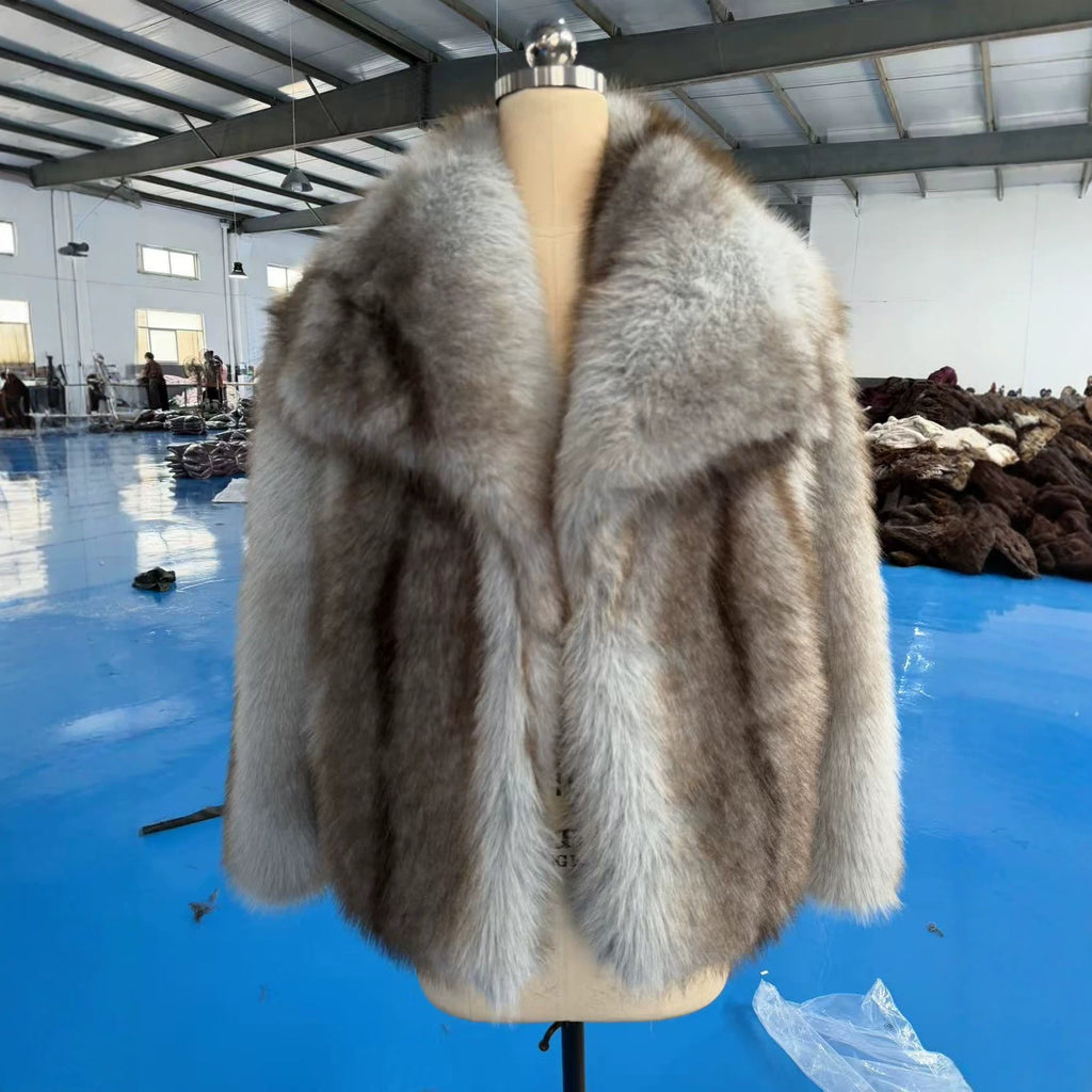 Women's Color-Block Plush Jacket with Large Lapel
