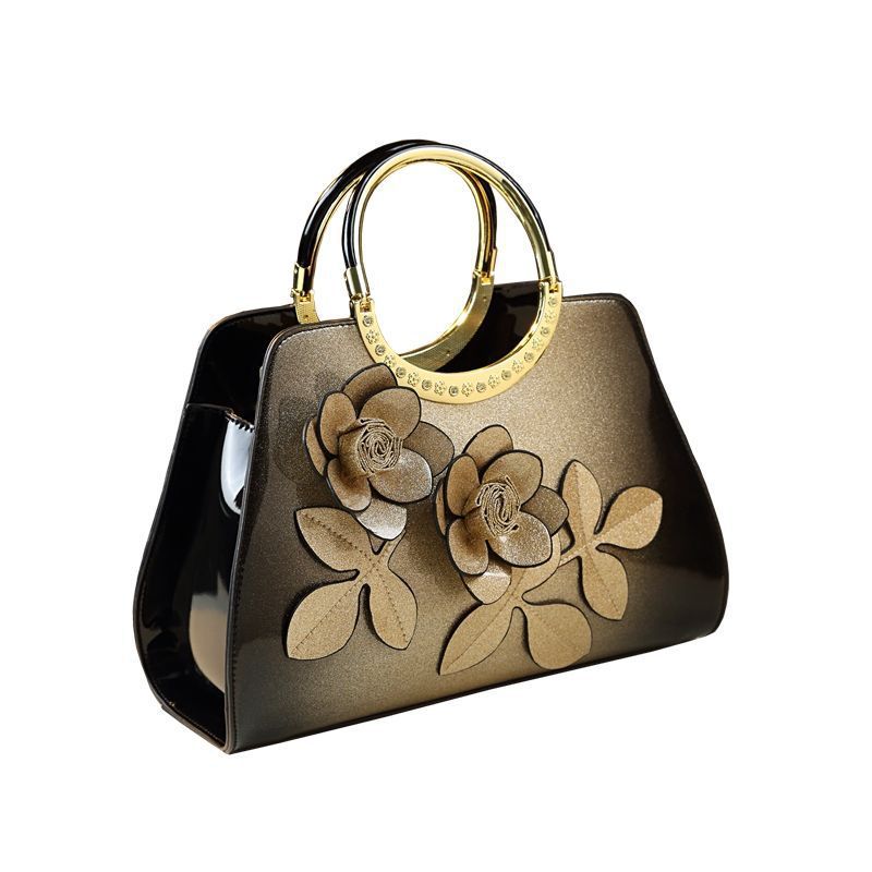 Women's Patent Leather Flower Tote Handbag