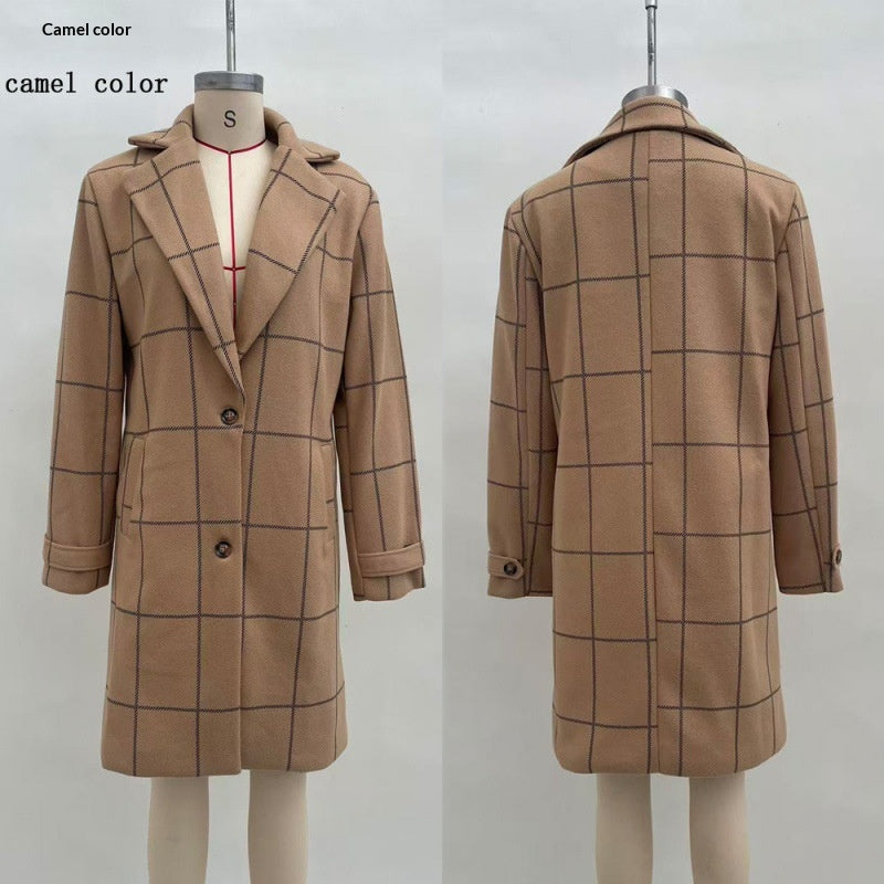 Women's Elegant Midi Plaid Lapel Coat