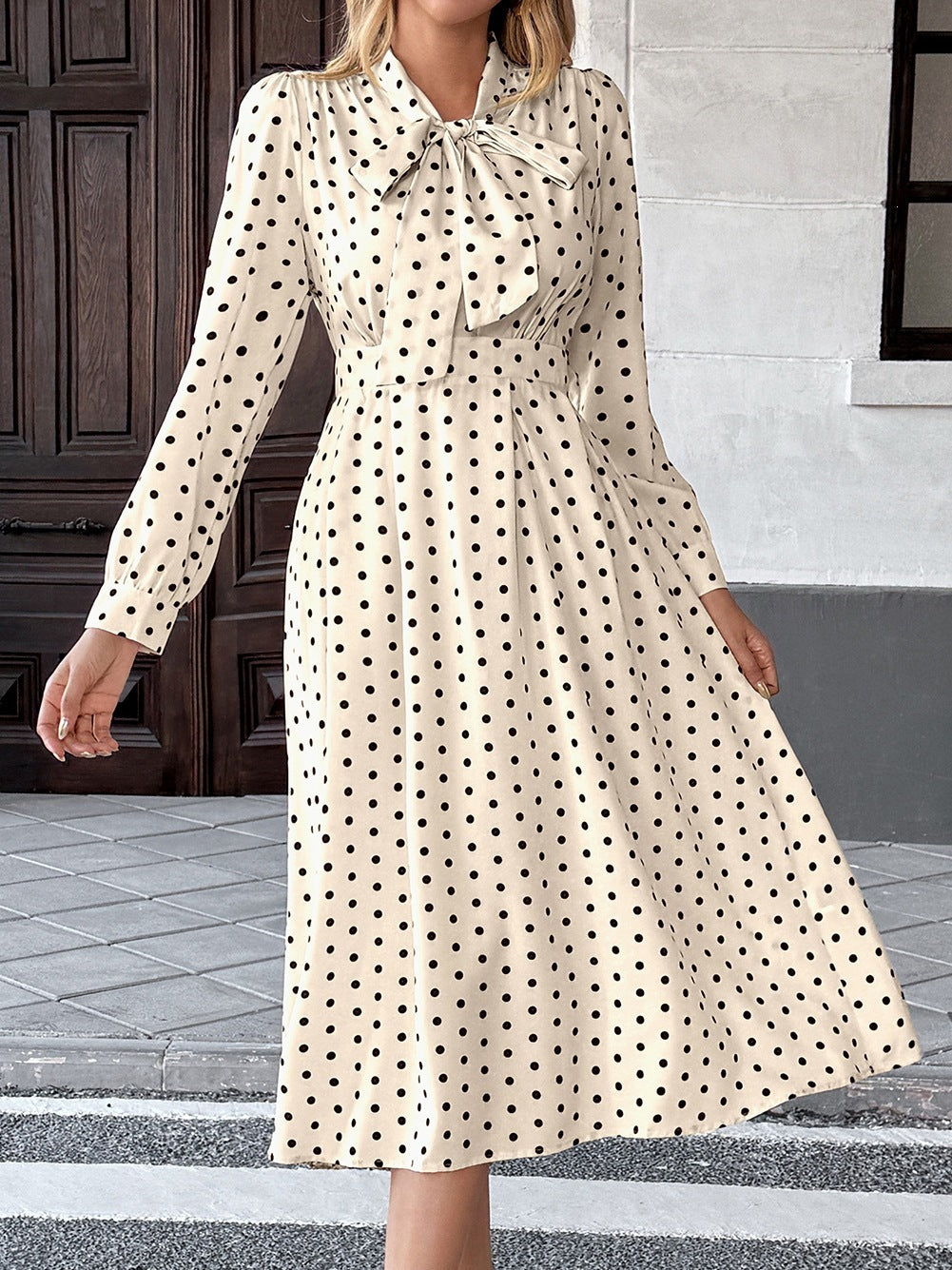 Women's Retro Polka-Dot Bow-Tie Long-Sleeve Dress