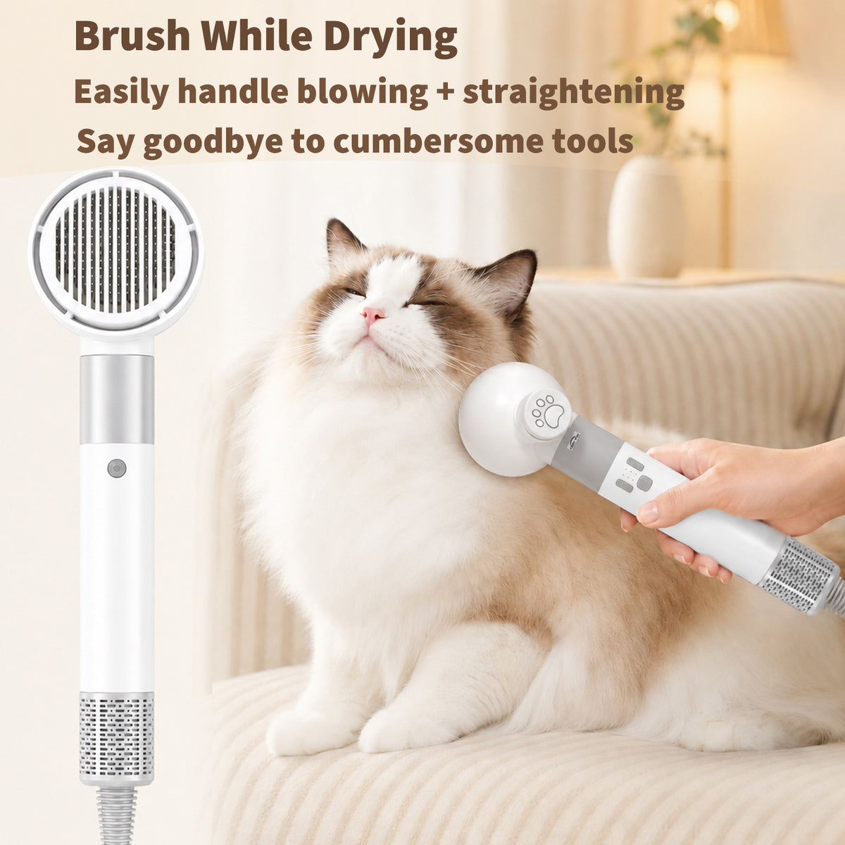 2-in-1 Pet Hair Dryer Brush — Quiet Grooming Blower for Dogs & Cats