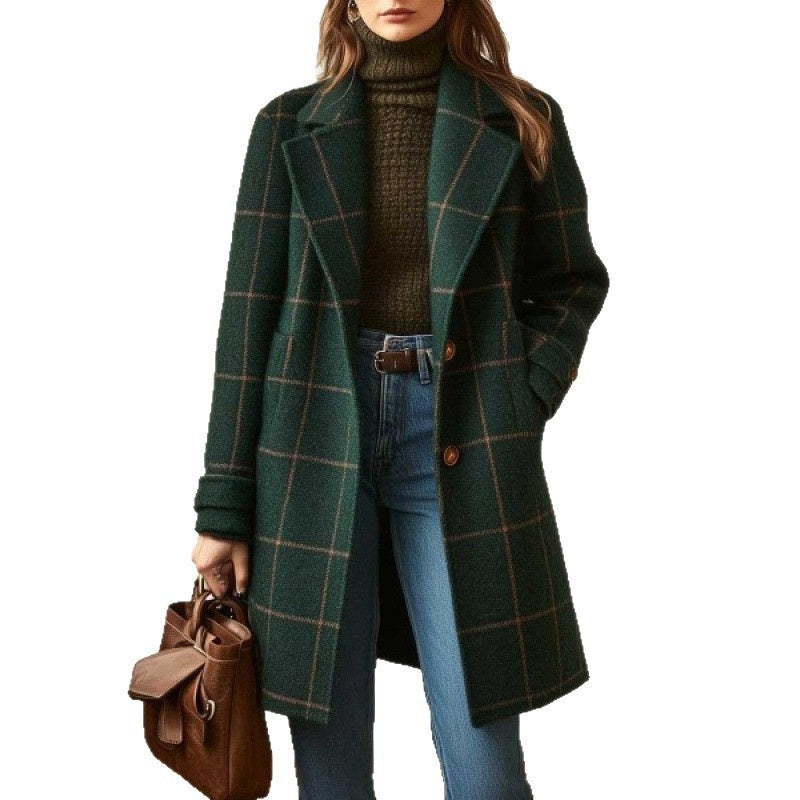 Women's Elegant Midi Plaid Lapel Coat