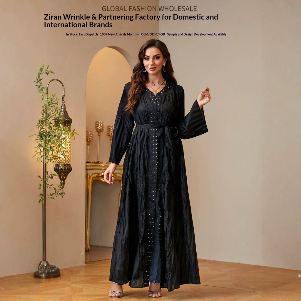 Women's Crinkled Long Cardigan Robe with Flared Sleeves