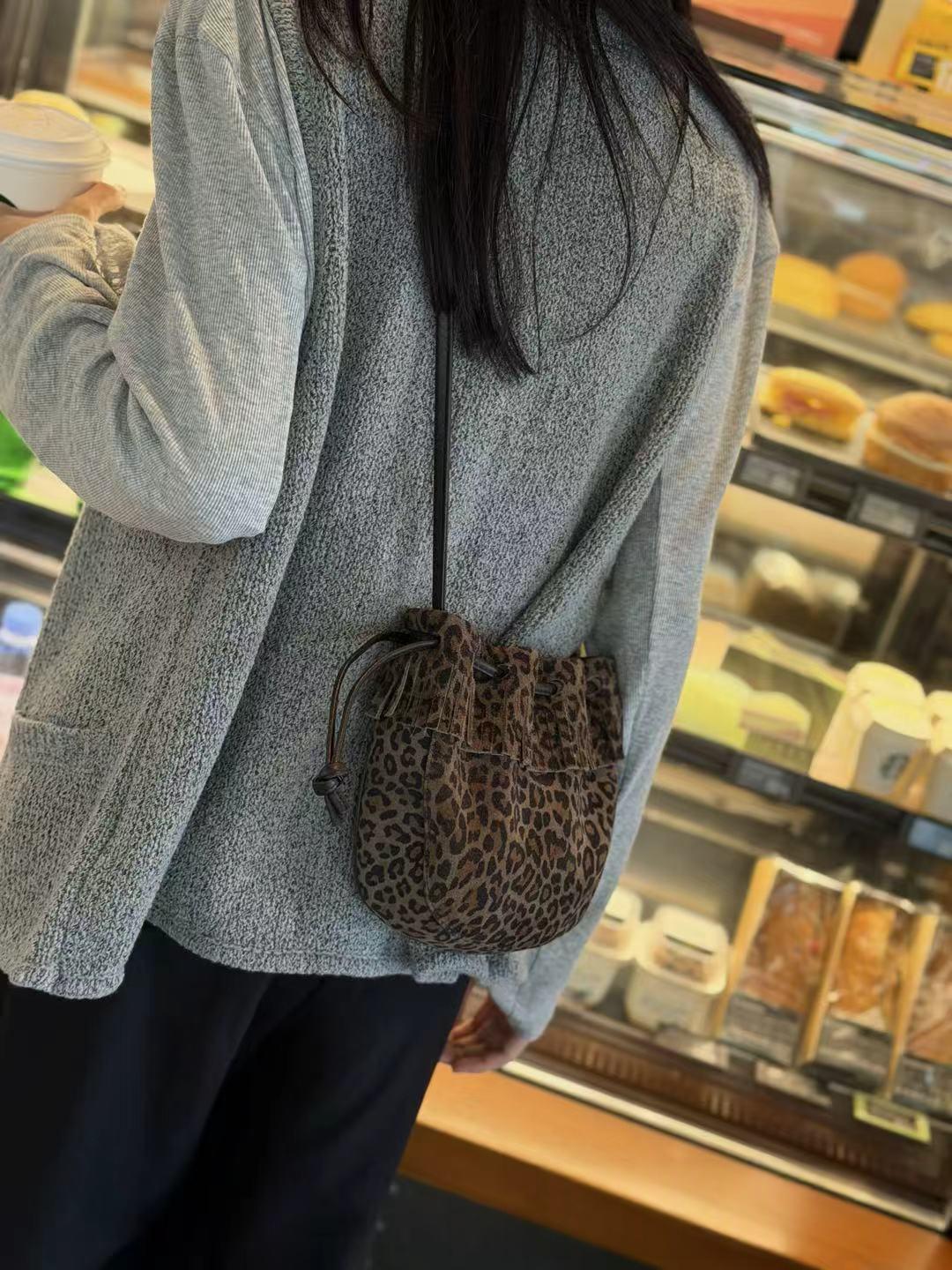 Leopard Print Genuine Leather Bucket Bag — Tassel Crossbody