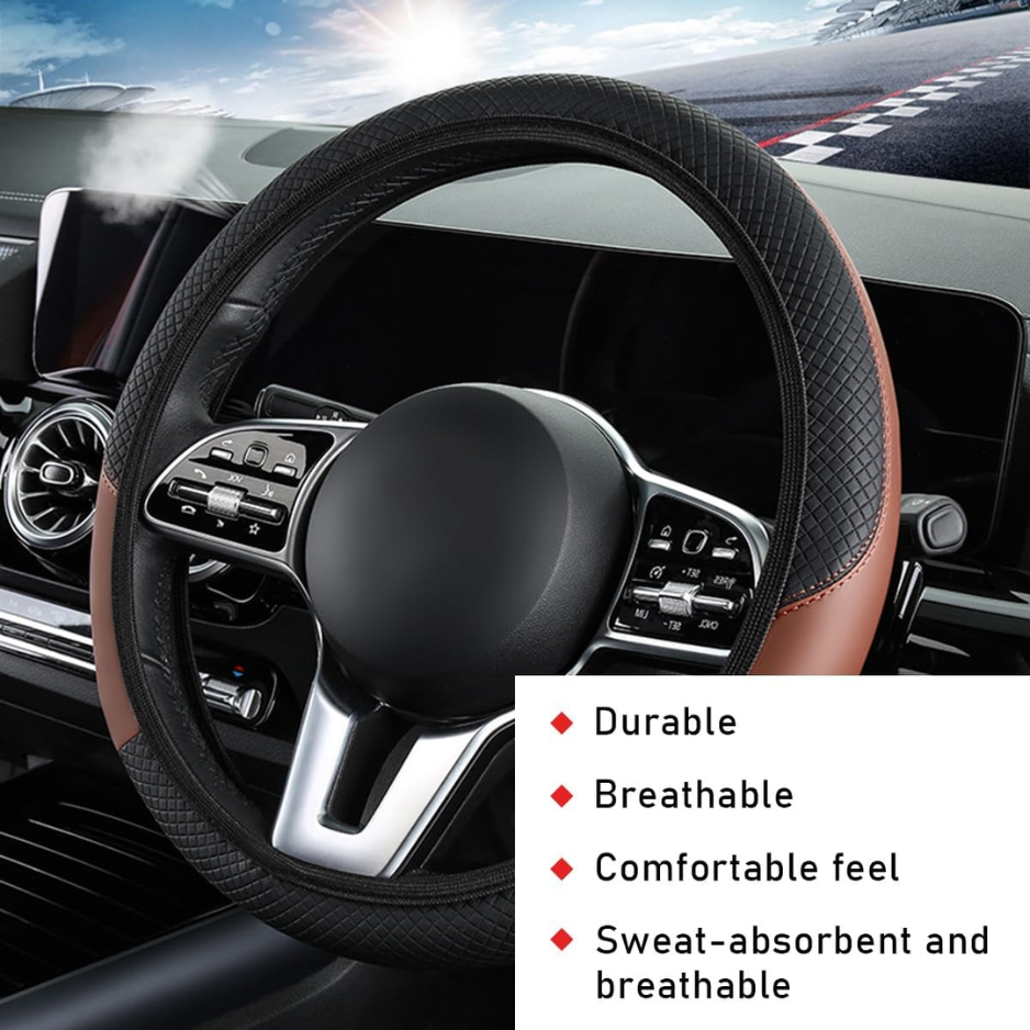 Leather Steering Wheel Cover — Breathable, Non-Slip, 15 Inch
