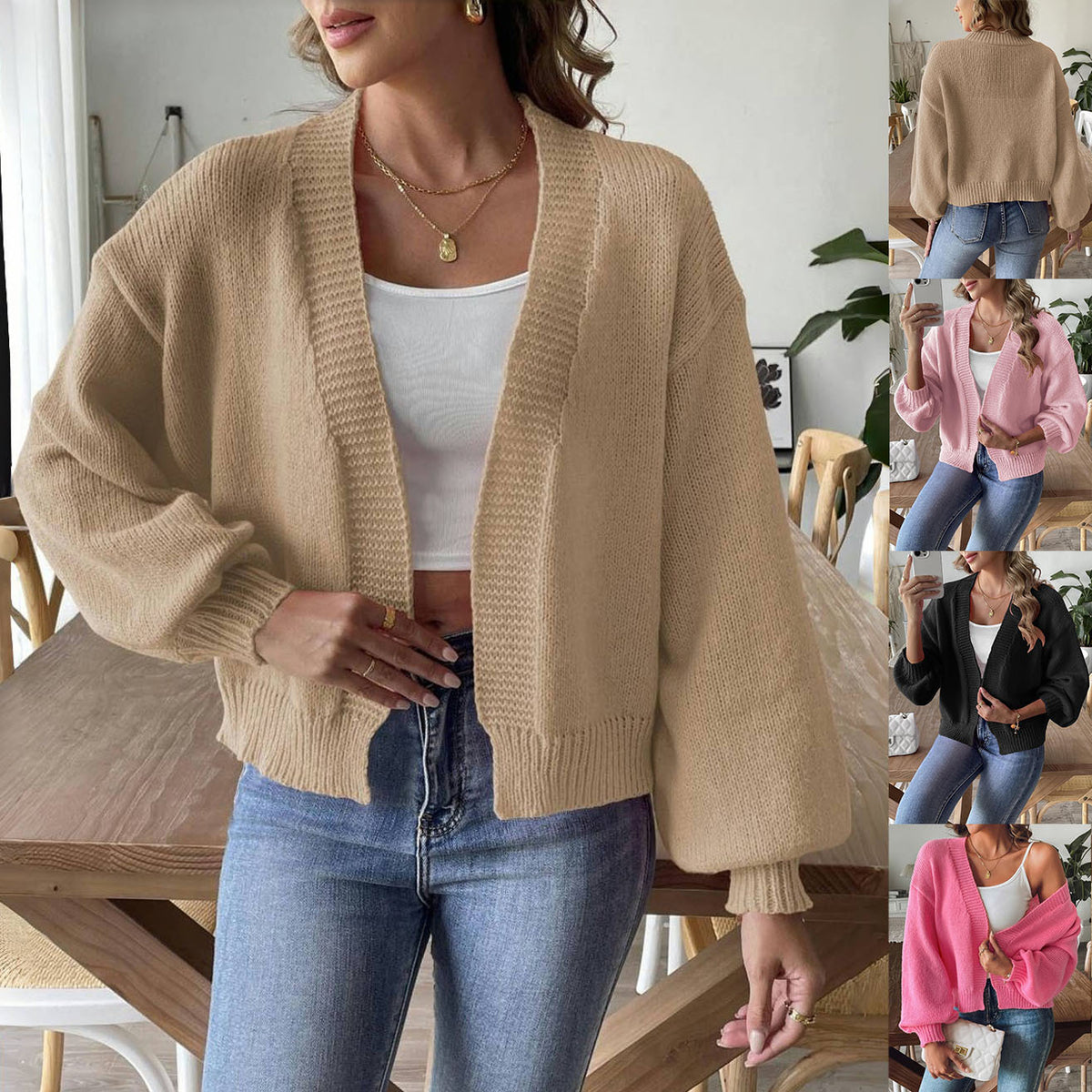 Women's Lantern-Sleeve Cropped Knit Cardigan
