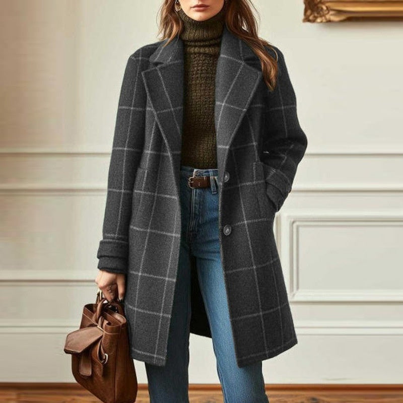 Women's Elegant Midi Plaid Lapel Coat