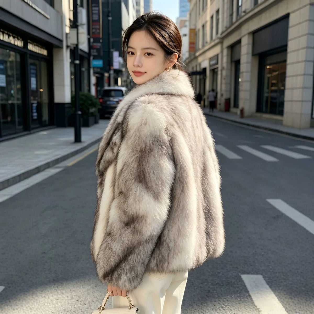 Women's Color-Block Plush Jacket with Large Lapel