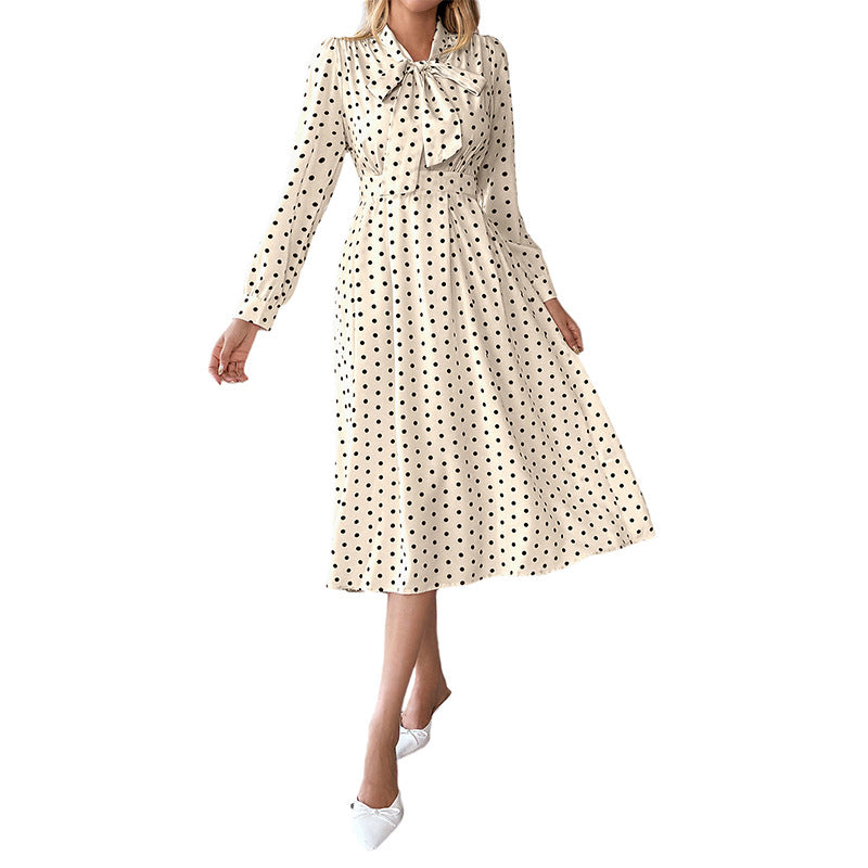 Women's Retro Polka-Dot Bow-Tie Long-Sleeve Dress