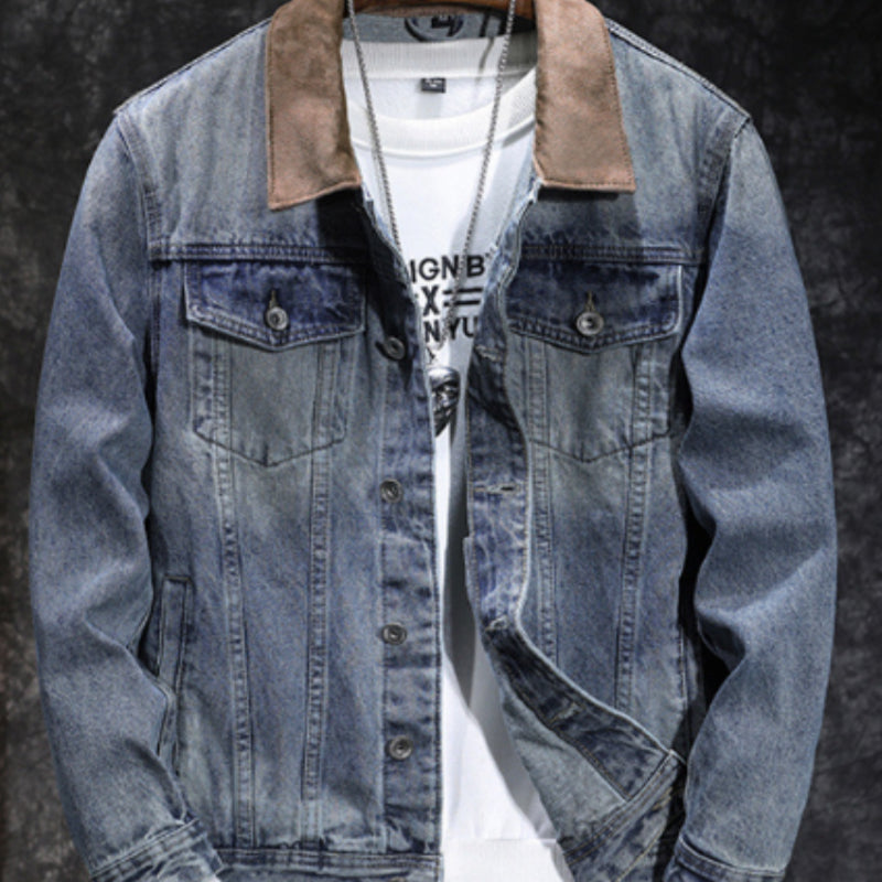 Men's Retro Denim Jacket with Suede Collar
