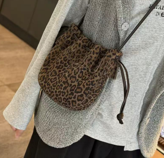 Leopard Print Genuine Leather Bucket Bag — Tassel Crossbody