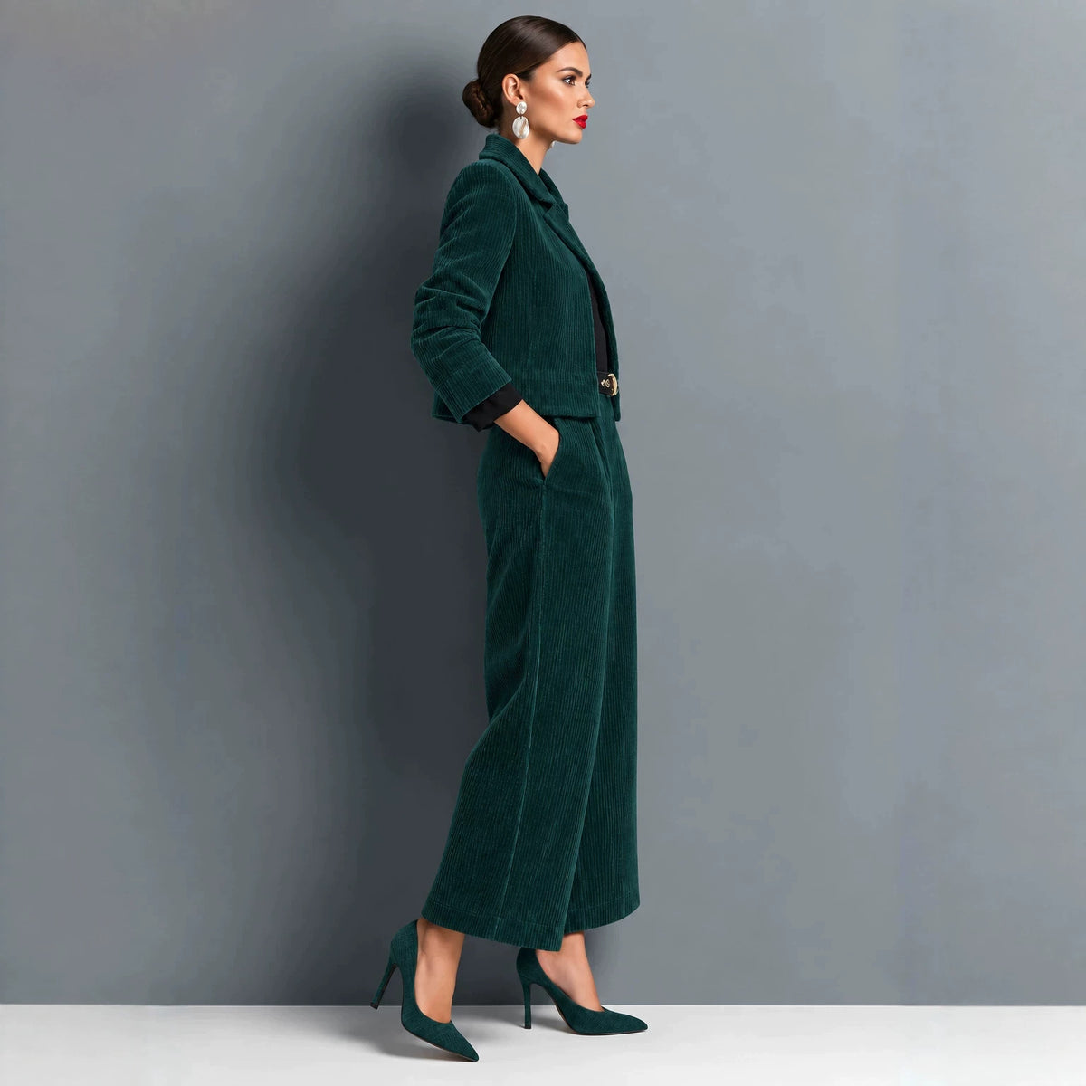 Women's Corduroy Cropped Jacket & Wide-Leg Pants Set