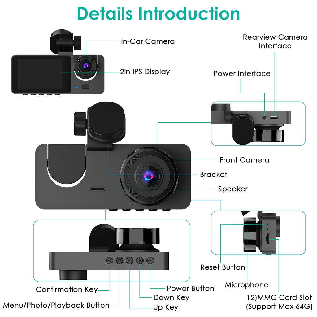 3-Channel Dash Cam – Front, Cabin & Rear with 32GB Card