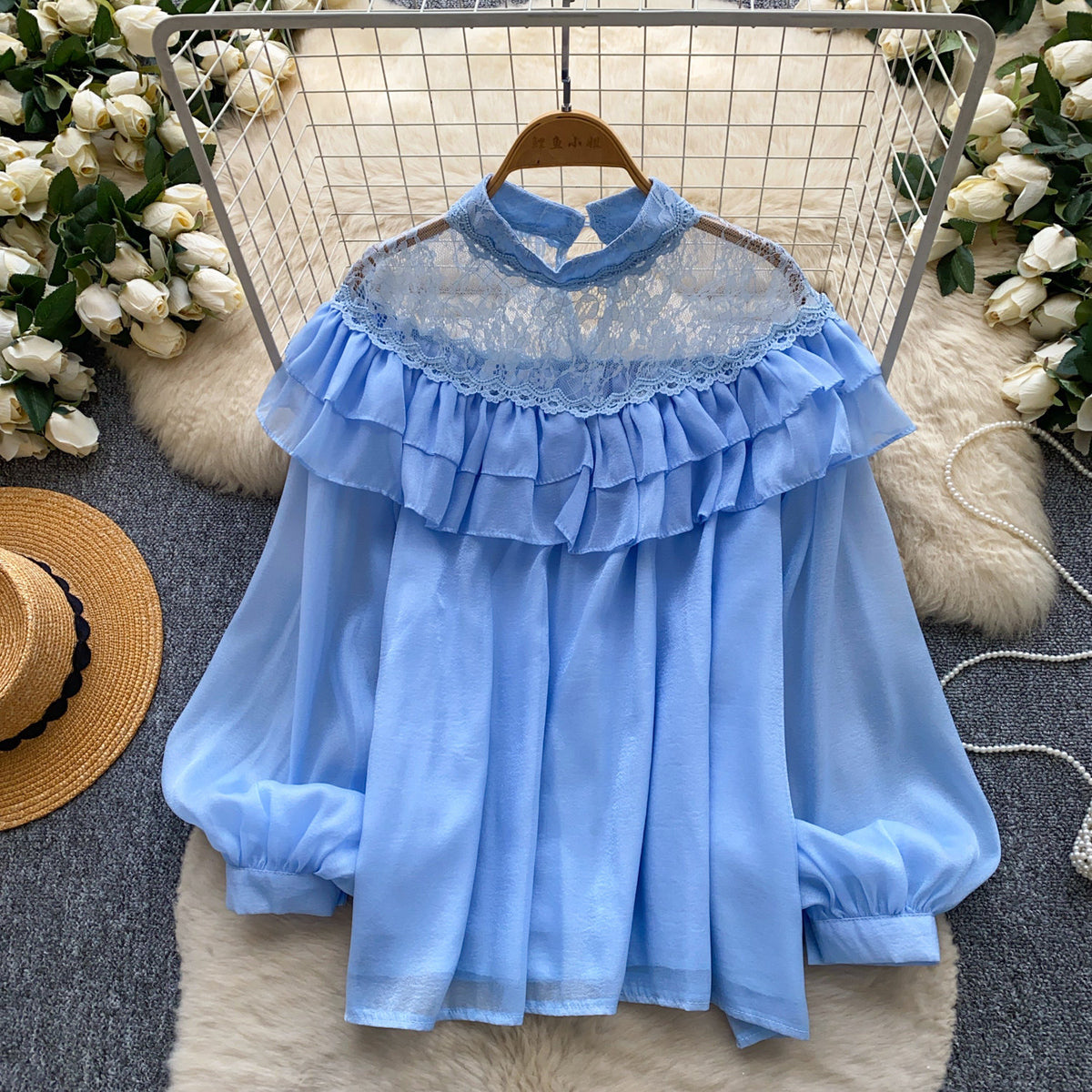 Women's Off-Shoulder Lace Blouse with Lantern Sleeves
