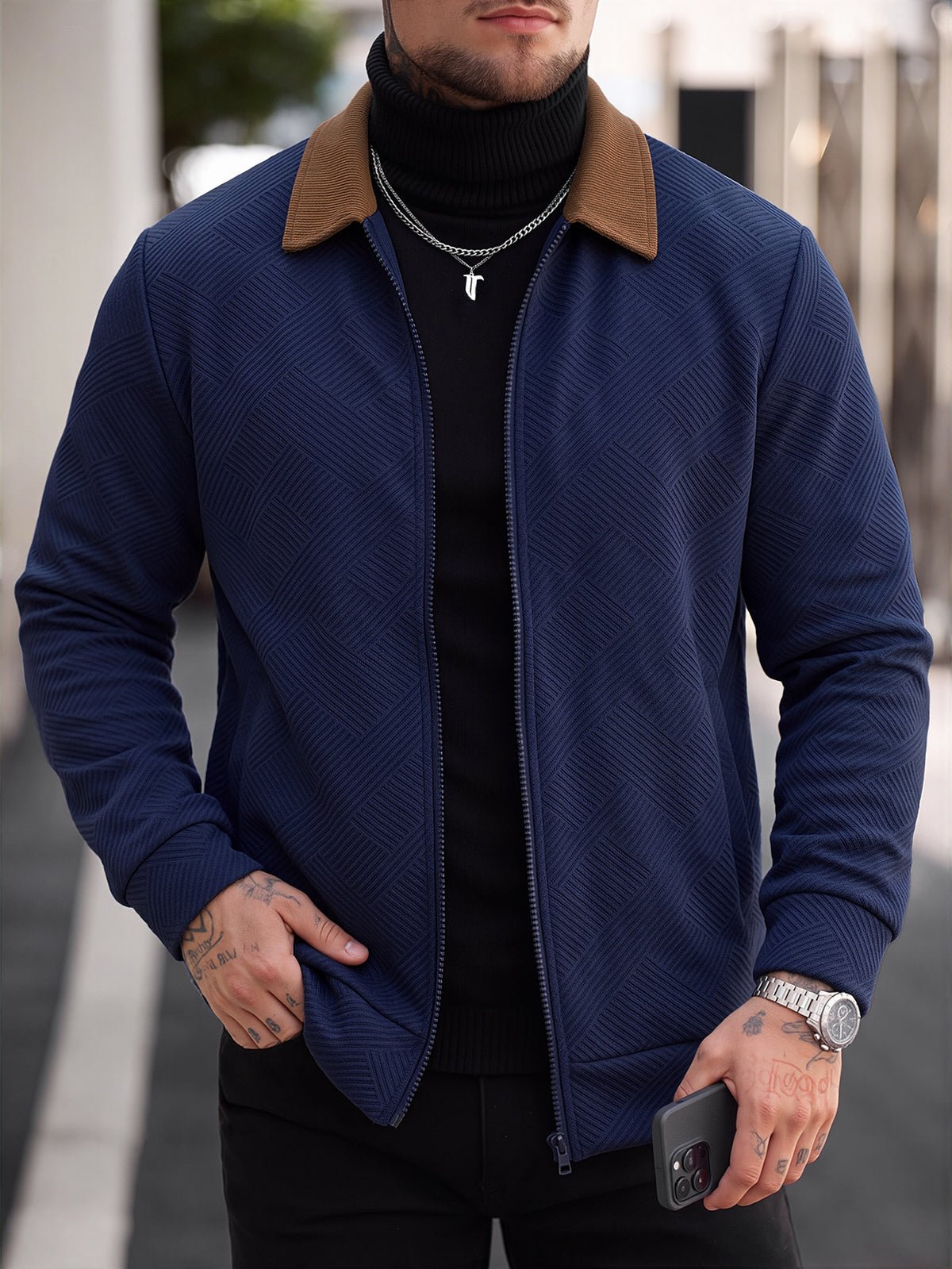 Men's Waffle-Collar Casual Baseball Jacket