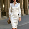 Women's V-Neck Lantern Sleeve Fitted-Waist Dress