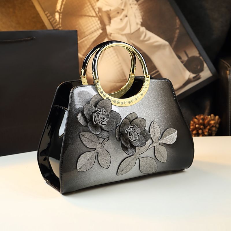 Women's Patent Leather Flower Tote Handbag