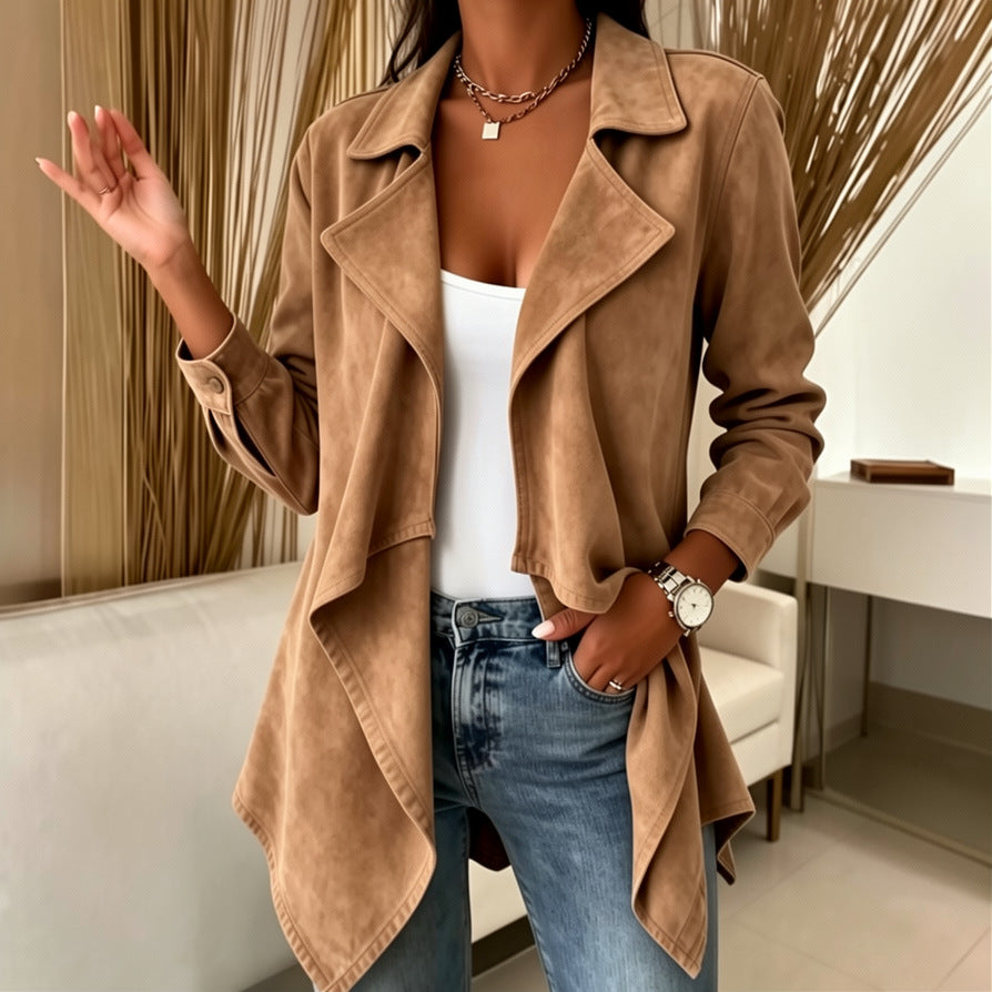 Women's Faux Suede Mid-Length Cardigan Jacket